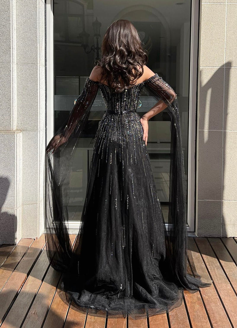 Black Off the Shoulder Flow Gown (XS) - Main Image
