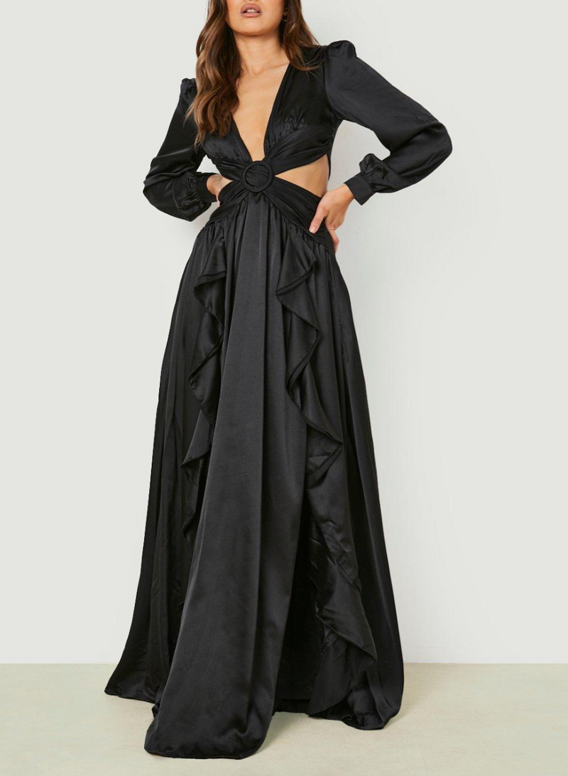 Long Sleeve Ruffle Maxi Black (L) - Main Image