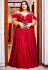 Plus Off Shoulder Feather Red Dress (XXL)