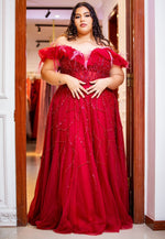 Plus Off Shoulder Feather Red Dress (XXL)