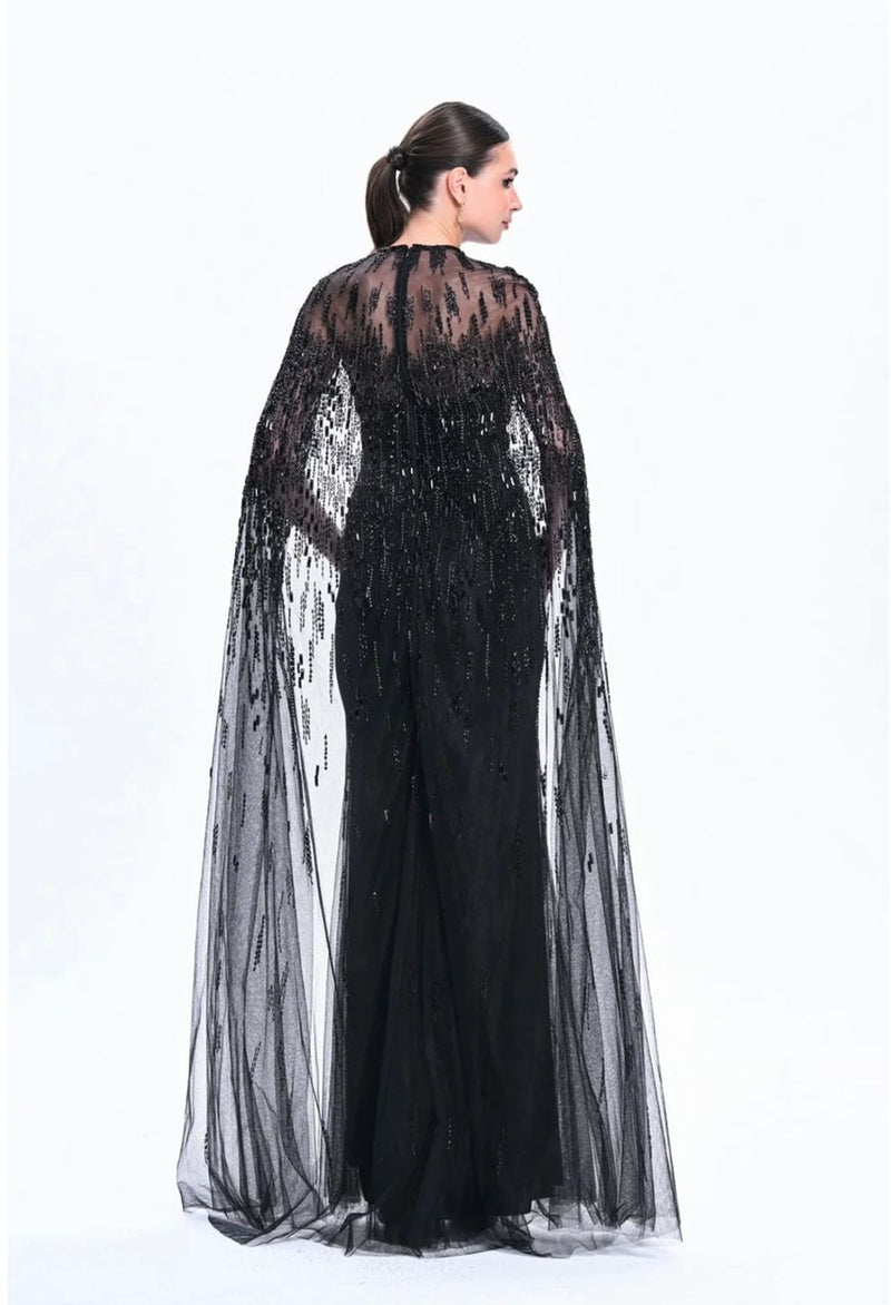 Black Cape Embroidered Gown (XS)