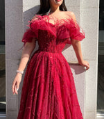 Plus Off Shoulder Feather Red Dress (XXL)