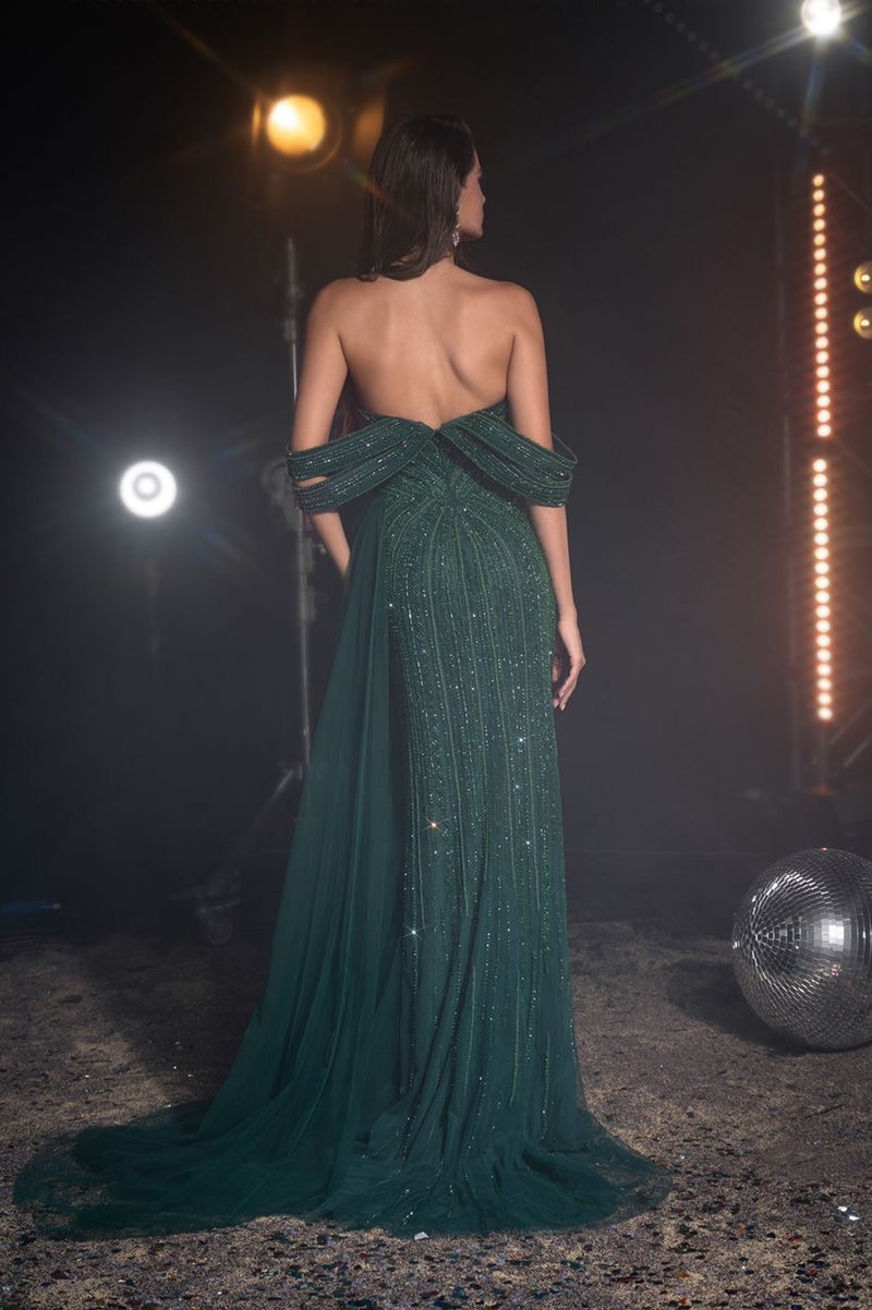 Lux Green Off Shoulder Embroidered Gown (L)