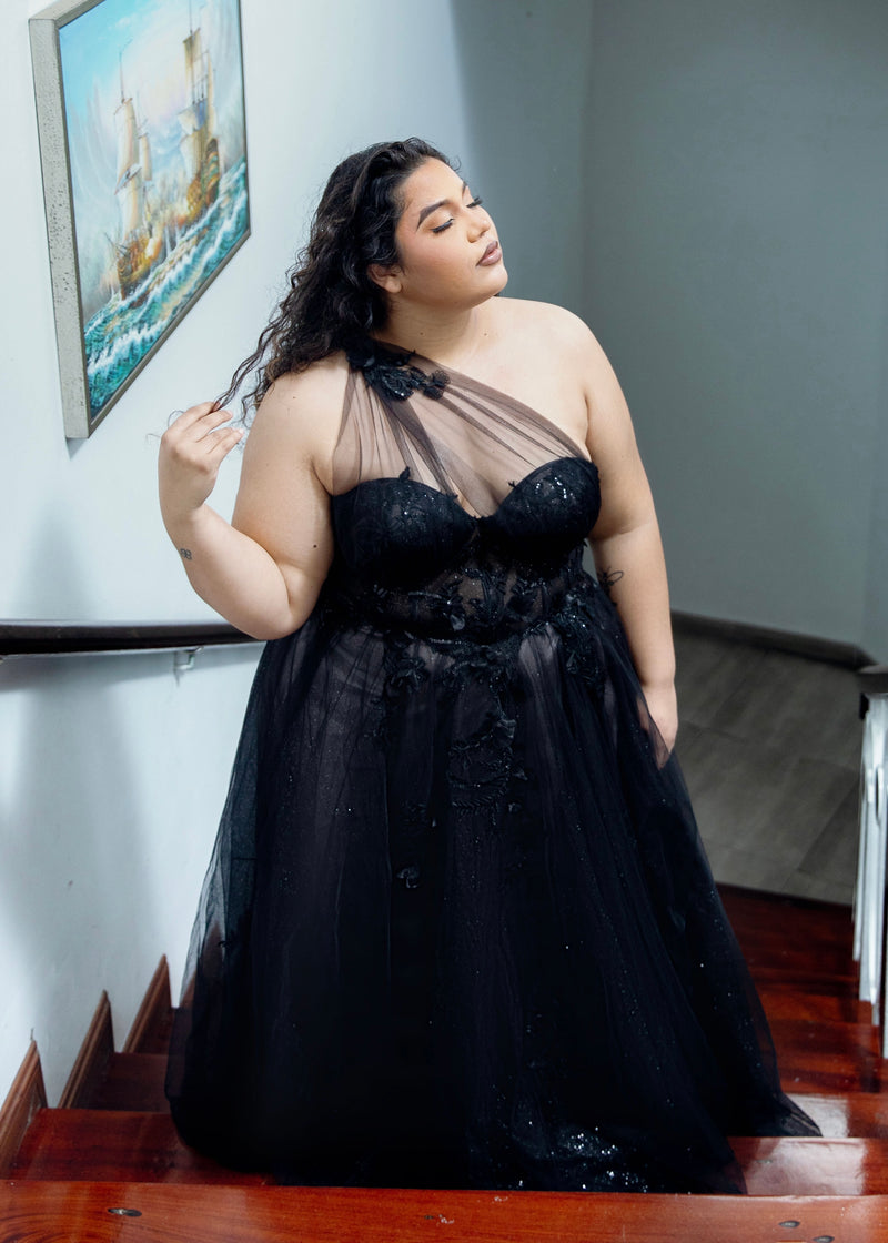 Lux Black One Shoulder Tulle Gown (XXL)