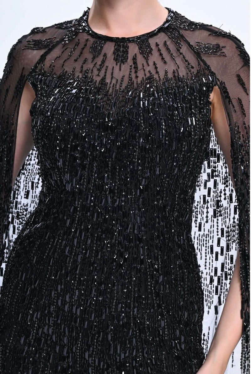 Black Cape Embroidered Gown (XS)