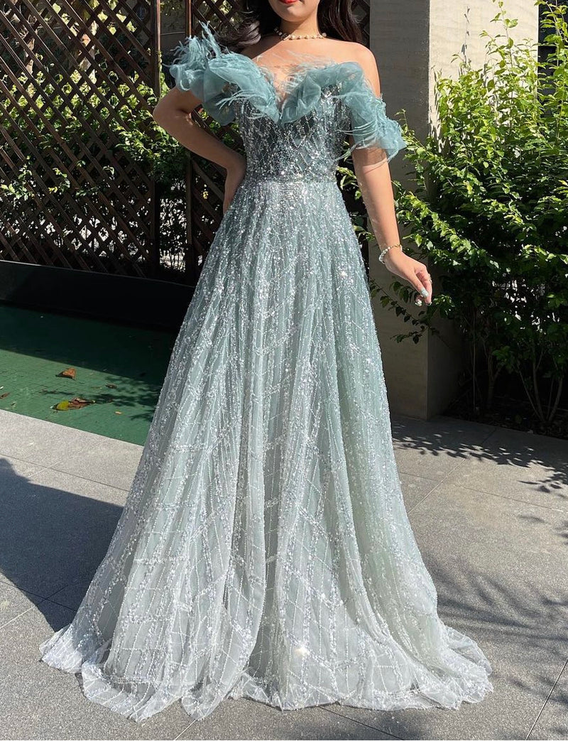 Off Shoulder Feather Detail Gown (M)