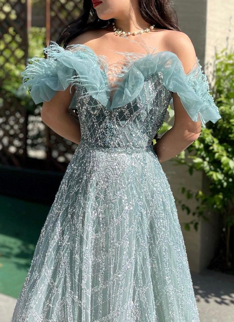 Off Shoulder Feather Detail Gown (M)
