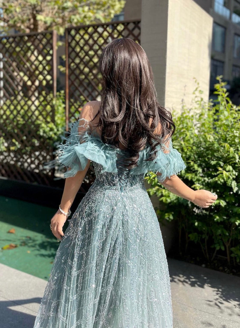 Off Shoulder Feather Detail Gown (M)