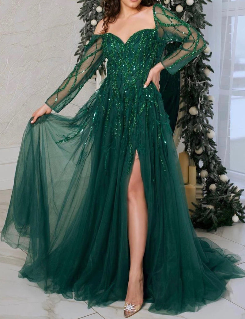 Long Sleeves Emerald Maxi Dress (L)