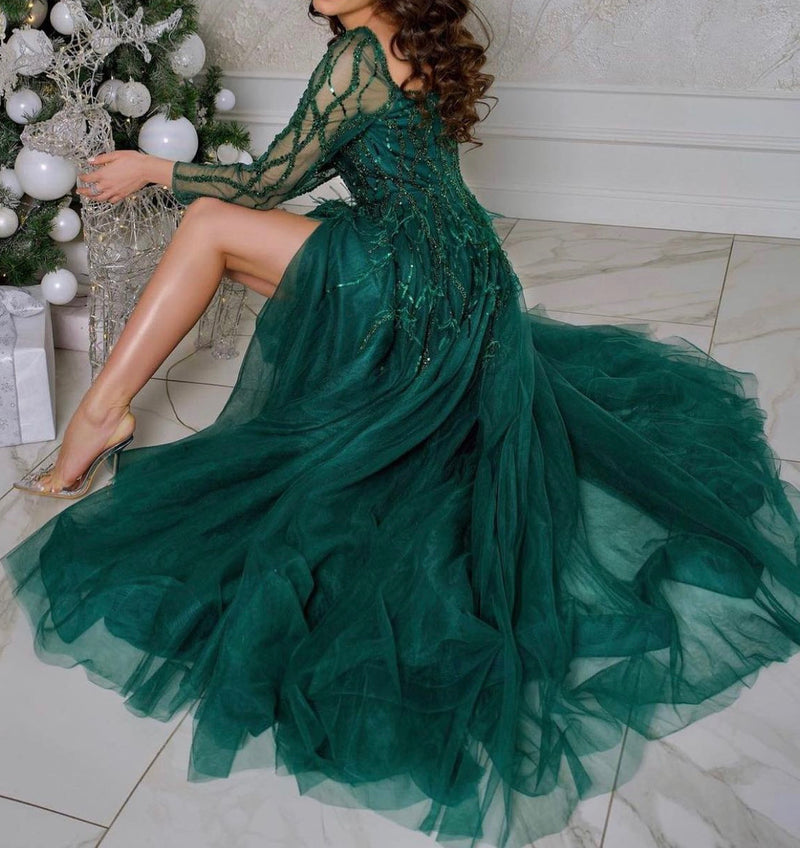 Long Sleeves Emerald Maxi Dress (L)