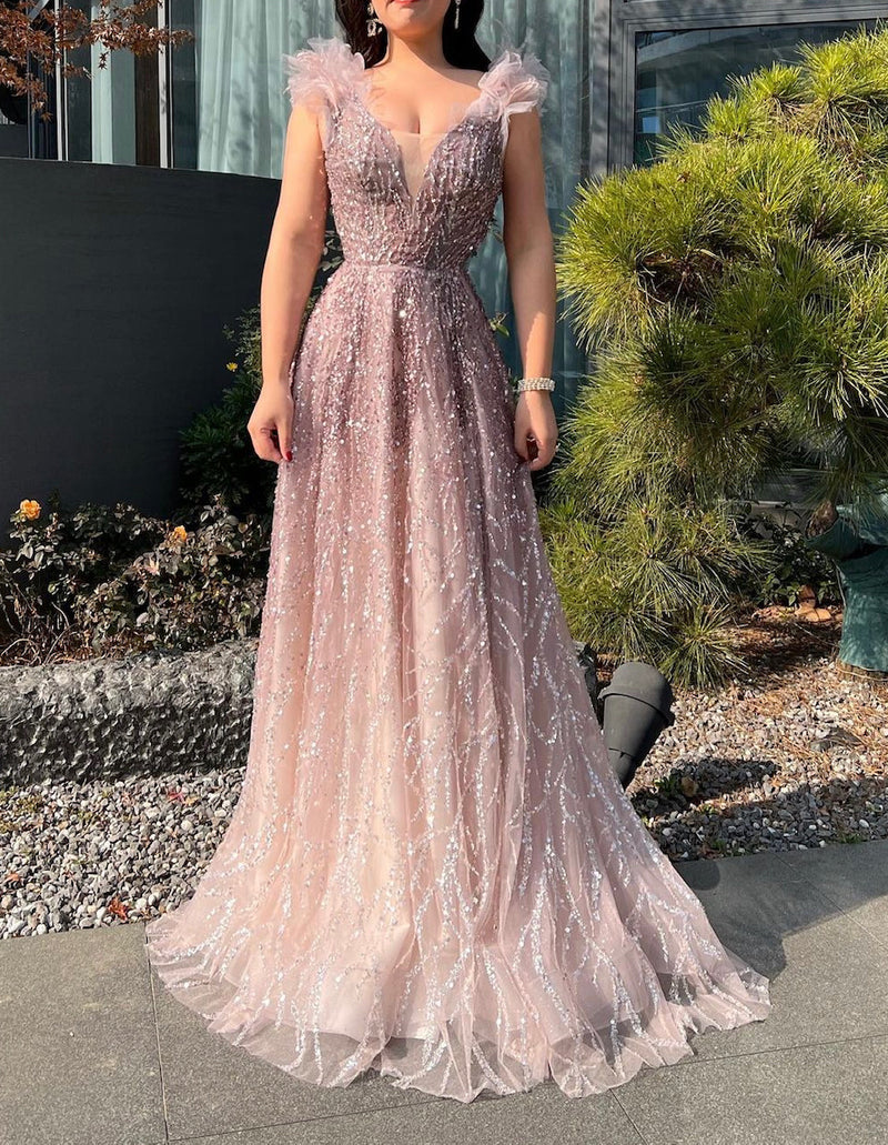 Tulle Sleeve Glitter Maxi Gown (L)