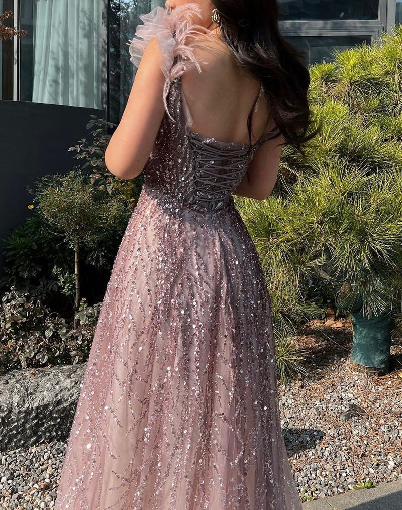 Tulle Sleeve Glitter Maxi Gown (L)