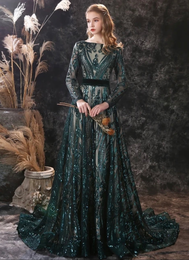 Green Long Sleeve Evening Dress (XL)