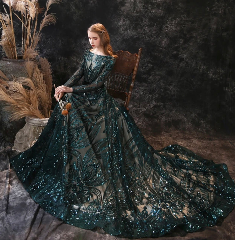 Green Long Sleeve Evening Dress (XL)