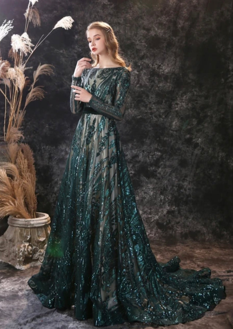 Green Long Sleeve Evening Dress (XL)