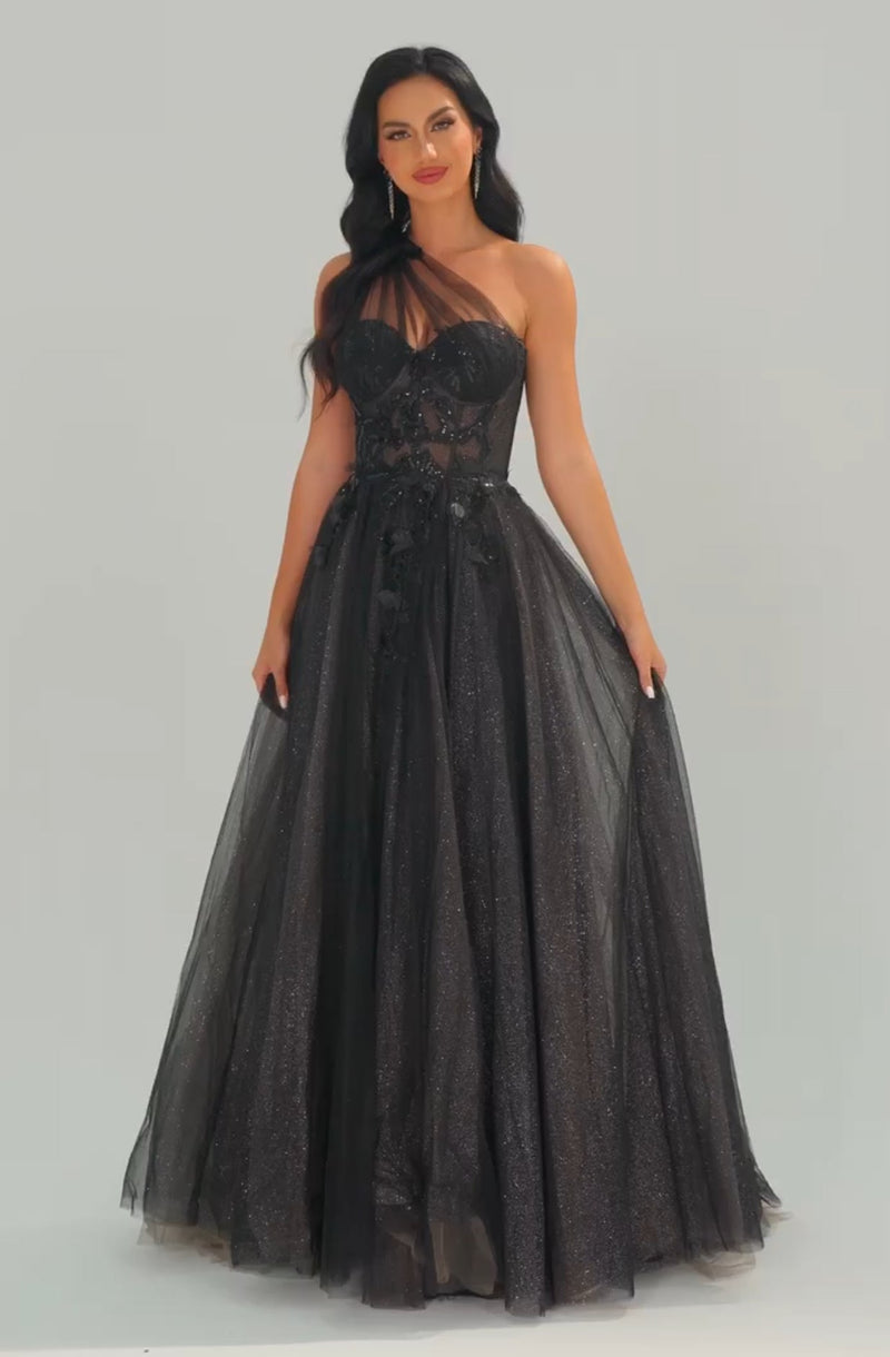 Lux Black One Shoulder Tulle Gown (XXL)