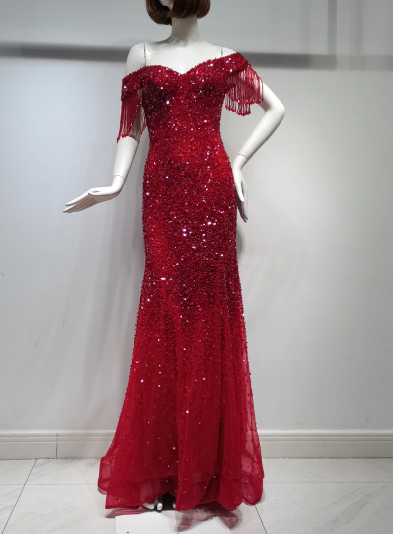 Red Off Shoulder Beaded Maxi Gown (M)