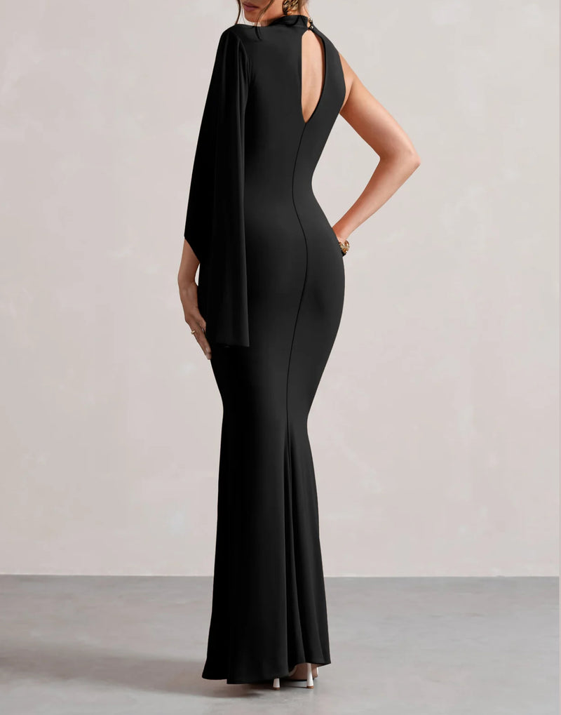 Black High Neck One Sleeve Plus Maxi (XL)