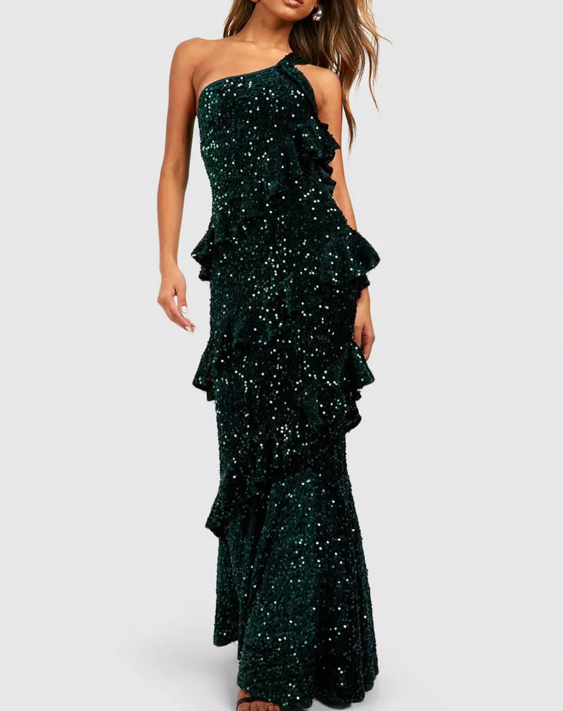 Green Velvet Ruffle Maxi Dress (M)