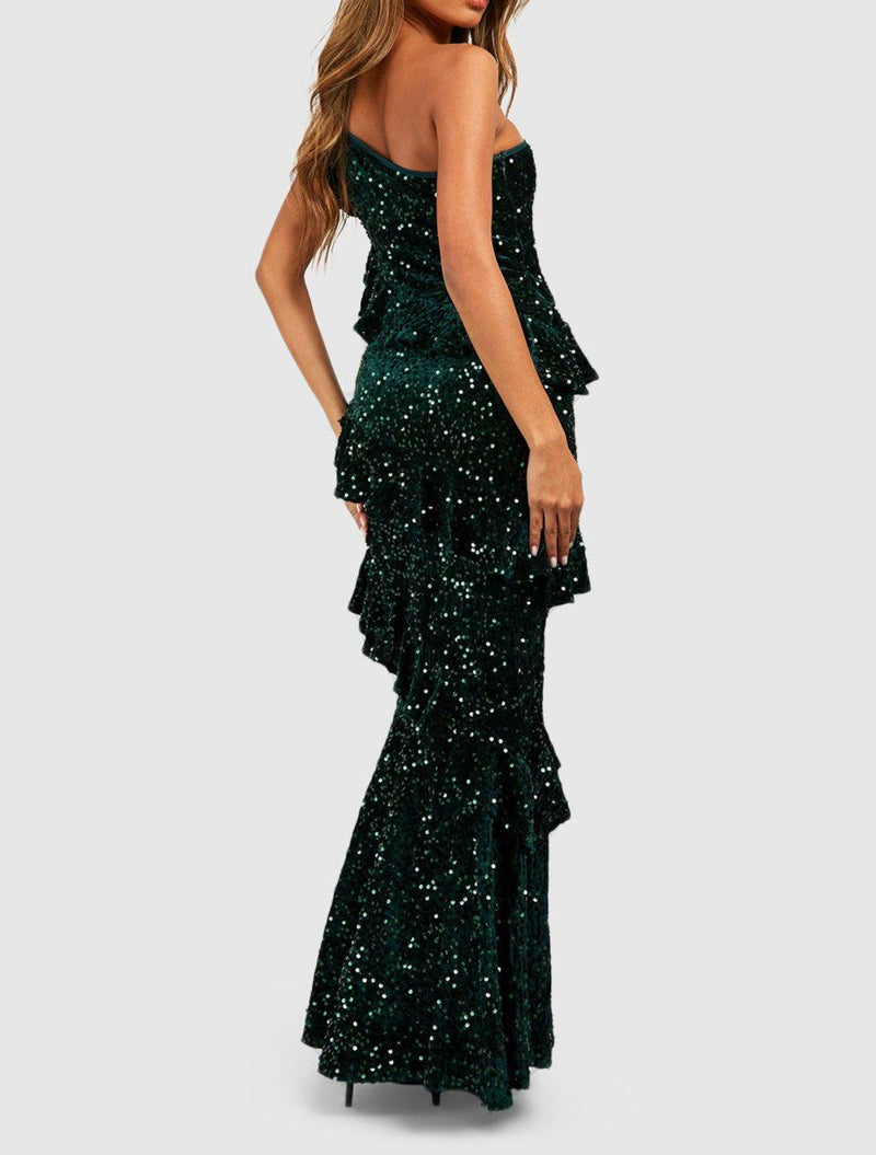 Green Velvet Ruffle Maxi Dress (M)