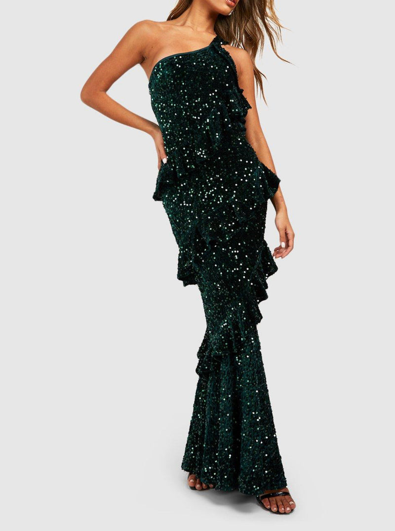 Green Velvet Ruffle Maxi Dress (M)