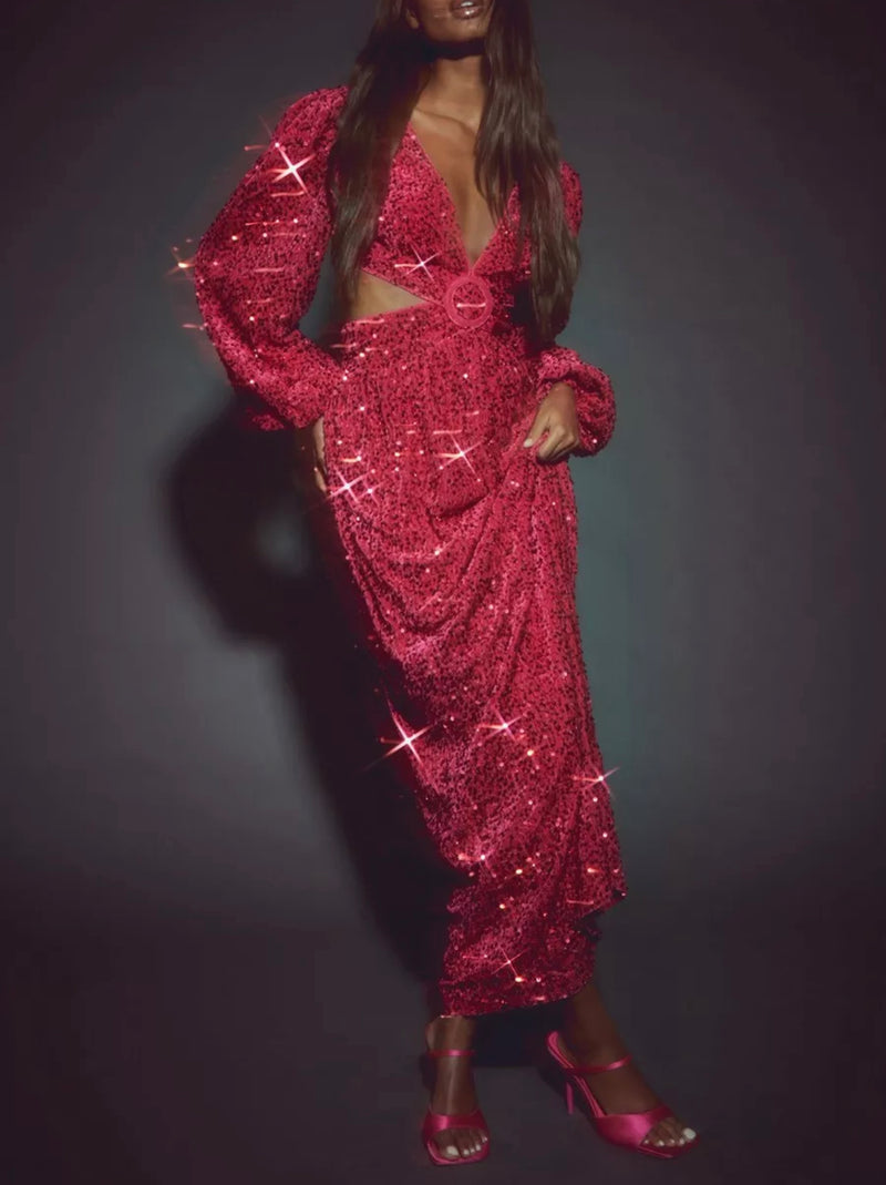 Pink Velvet Sparkle Maxi Dress (S)