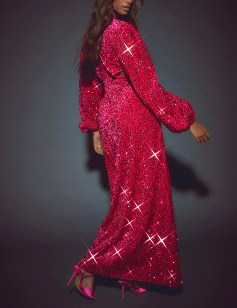 Pink Velvet Sparkle Maxi Dress (S)
