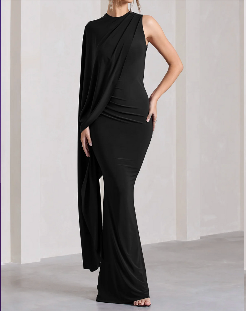 Black Flowy Cape Sleeve Maxi (XS)