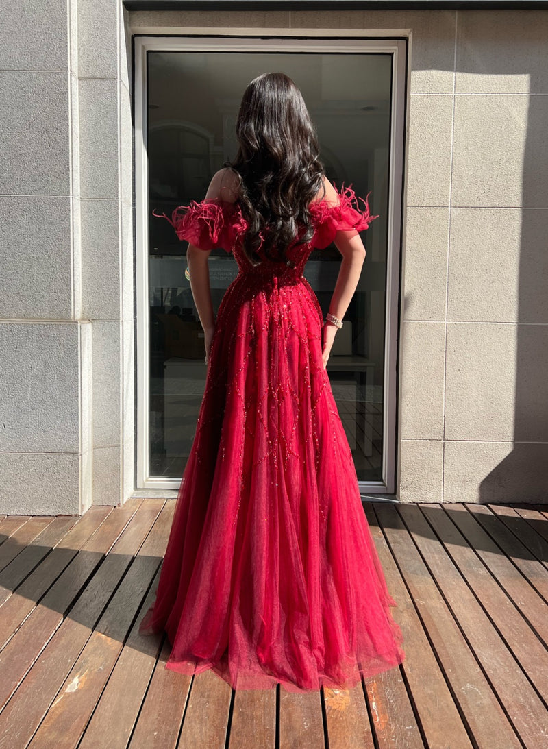 Plus Off Shoulder Feather Red Dress (XXL)