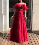 Plus Off Shoulder Feather Red Dress (XXL)