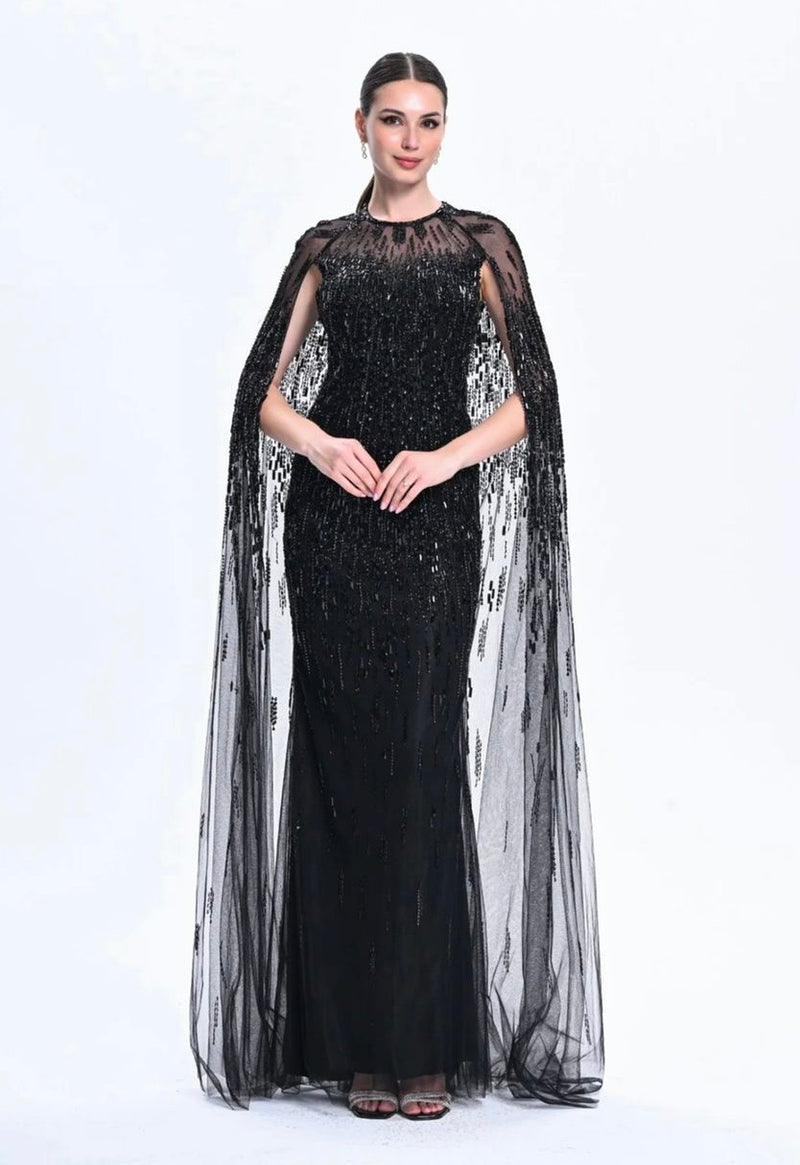 Black Cape Embroidered Gown (XS)