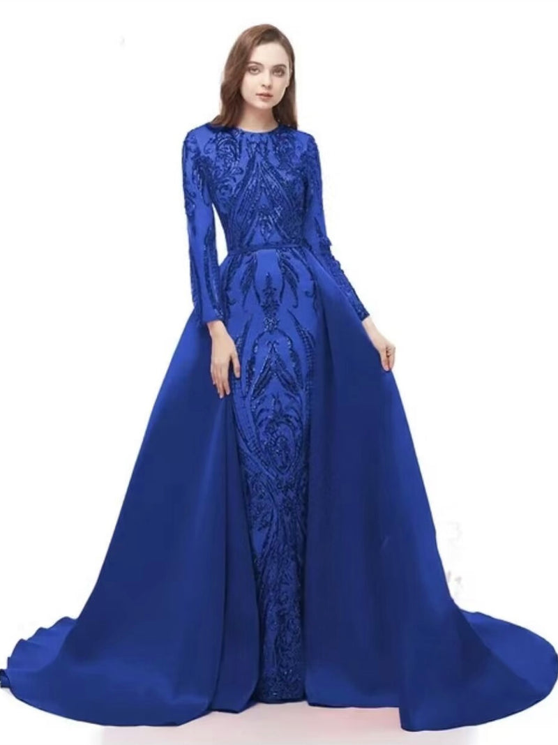 Blue Long Sleeves Evening Dress (L)