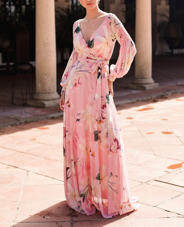 Floral Puff Sleeves Pink Dress (M)