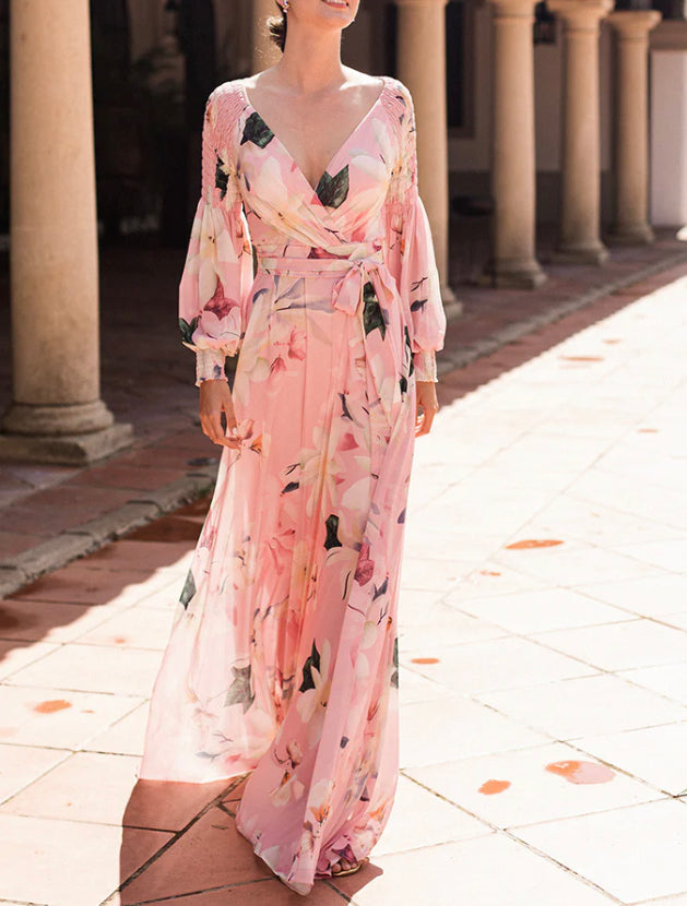Floral Puff Sleeves Pink Dress (M)