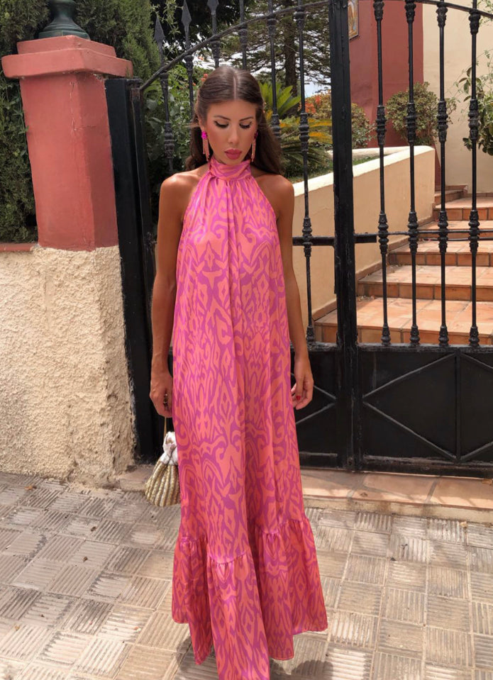 Vestido Rosa Estampado Gola Alta (S/M)