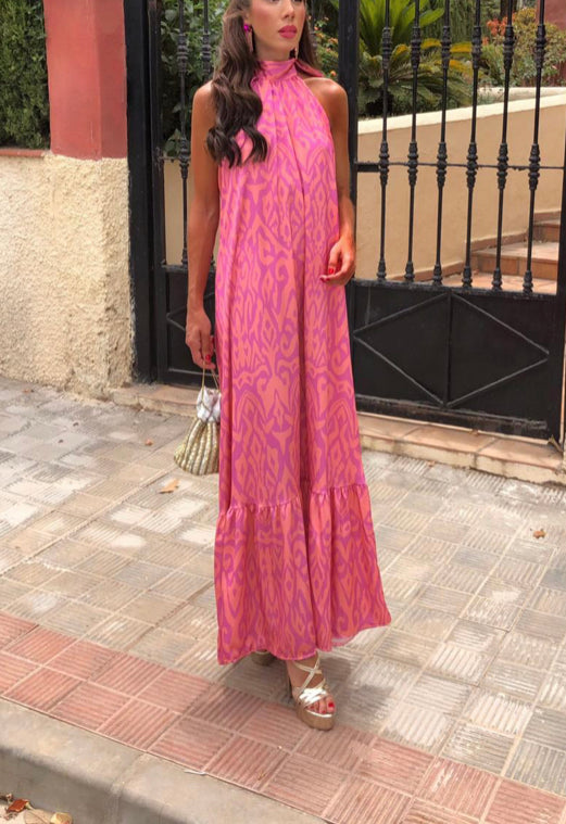 Vestido Rosa Estampado Gola Alta (S/M)