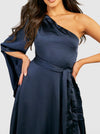 One Shoulder Satin Drape Maxi Blue (S)