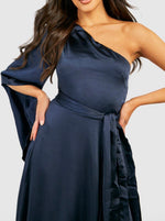 One Shoulder Satin Drape Maxi Blue (S)