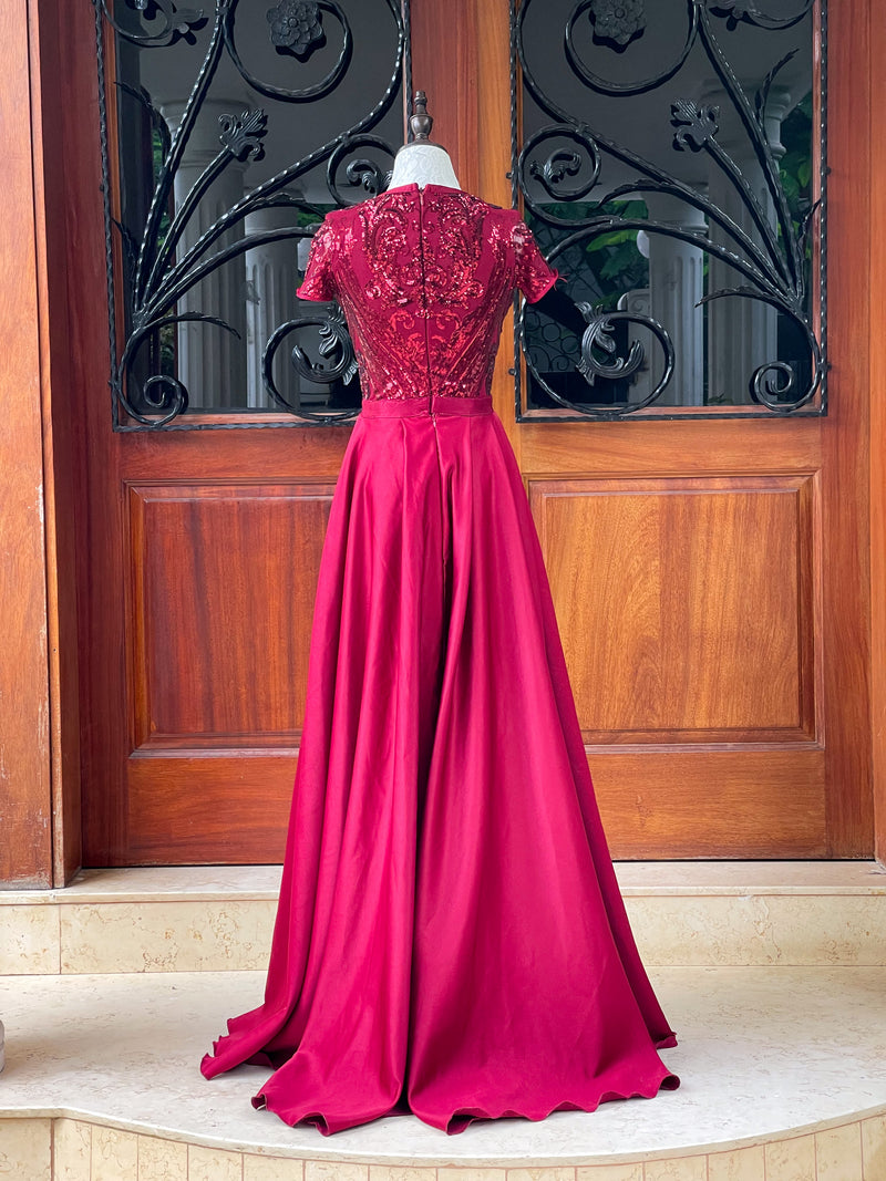 Glitter Bordeaux Caped Maxi Dress (S)