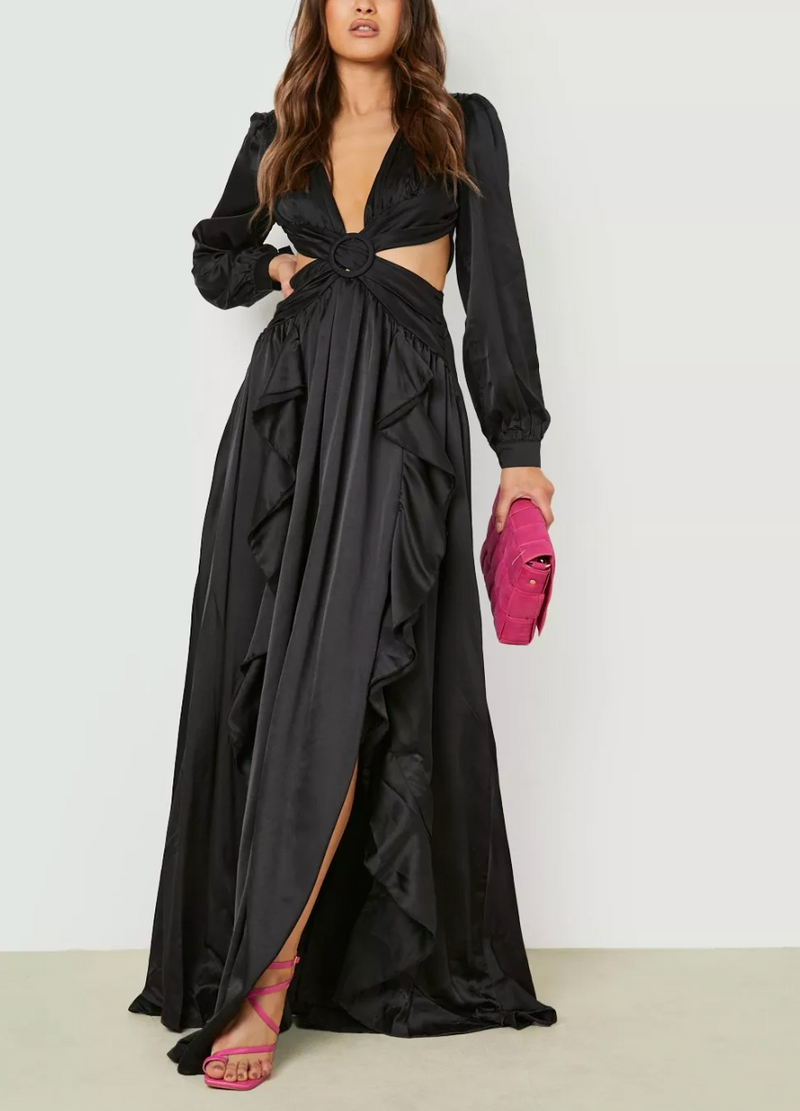 Long Sleeves Ruffle Maxi Black (M)