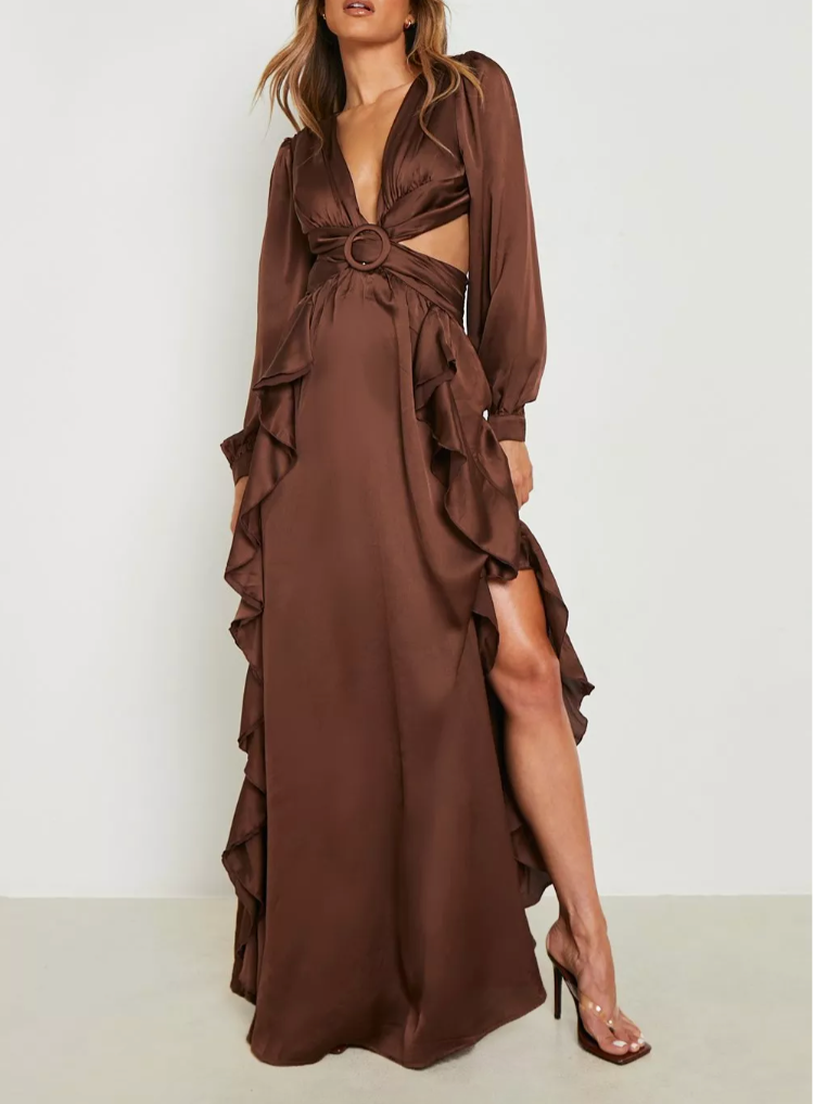 Long Sleeves Ruffle Maxi Brown (L)