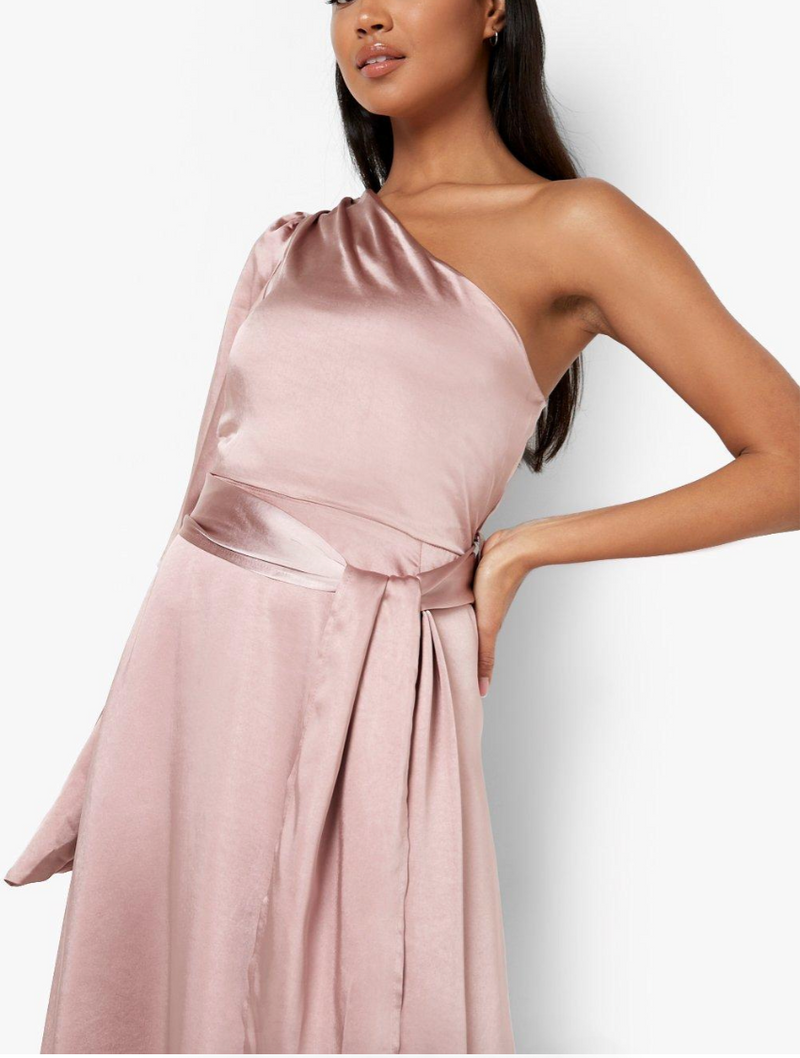 One Shoulder Satin Drape Maxi Pink (S)