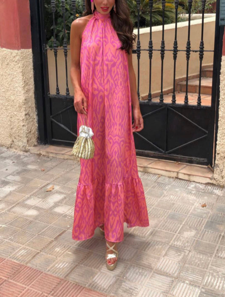 Vestido Rosa Estampado Gola Alta (S/M)