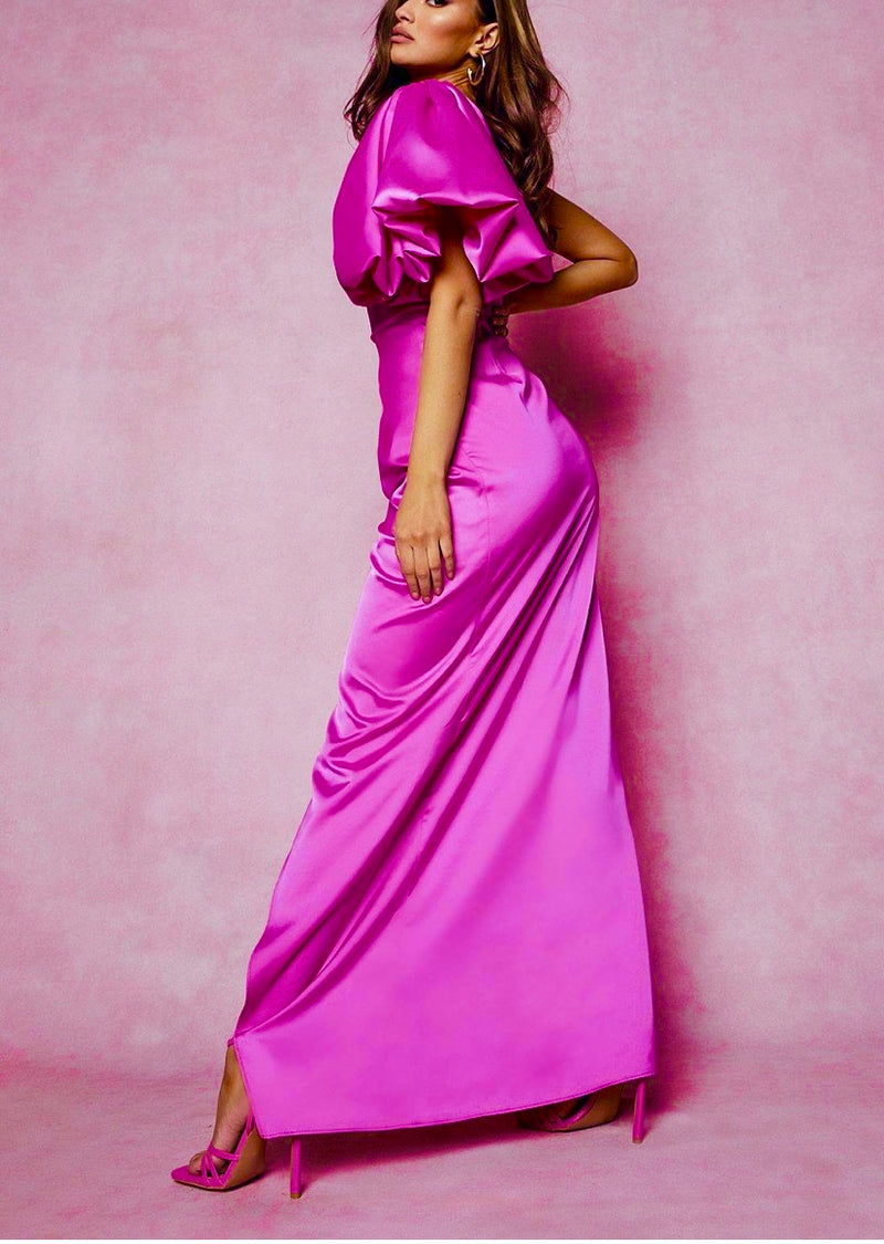 Vestido One Shoulder Puff Sleeve Pink (L)